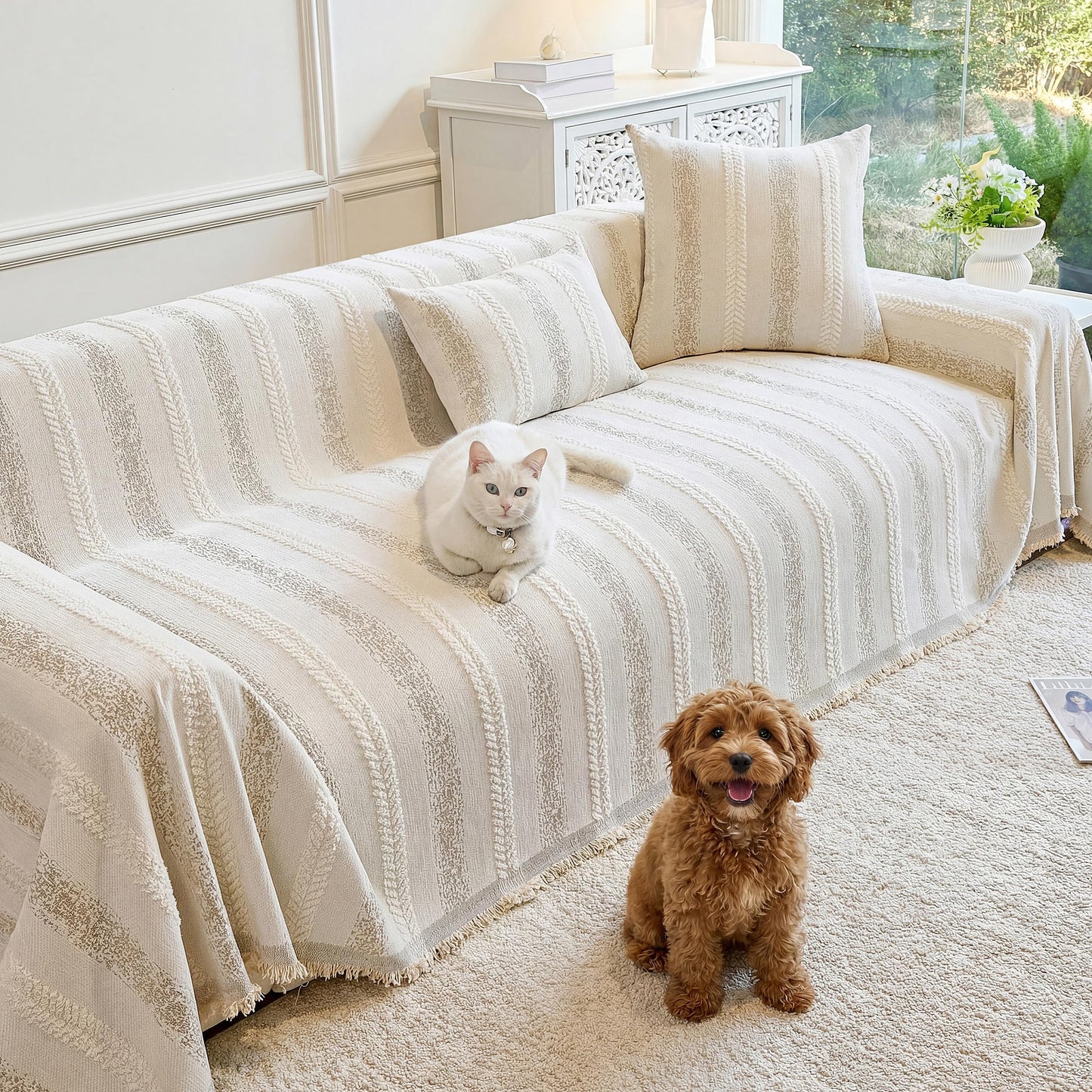 Fuyulacom Couch Cover for Dogs Washable Sofa Cover, Sectional Couch Covers, Sofa Covers for 2 Cushion Couch, Non Slip Stripe Sofa Slipcovers Furniture Protector (Beige, 71x102)