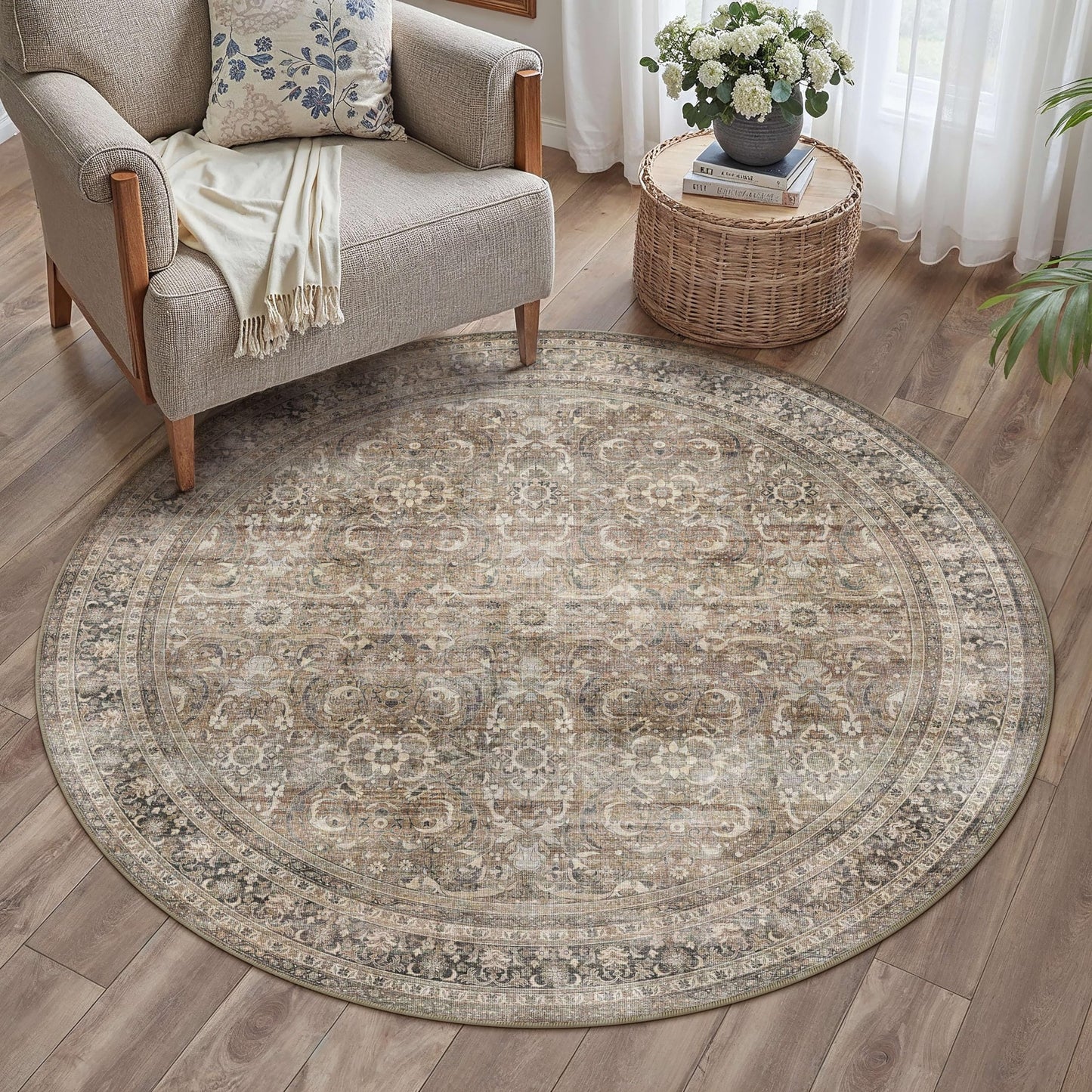 HUGEAR 4ft Round Rug Entryway Rugs Machine Washable Brown Hallway Area Rug 4x4 Small Circle Floral Low Pile Carpet Vacuumable Throw Rug Living Room Laundry Entrance Non Slip Soft Lightweight