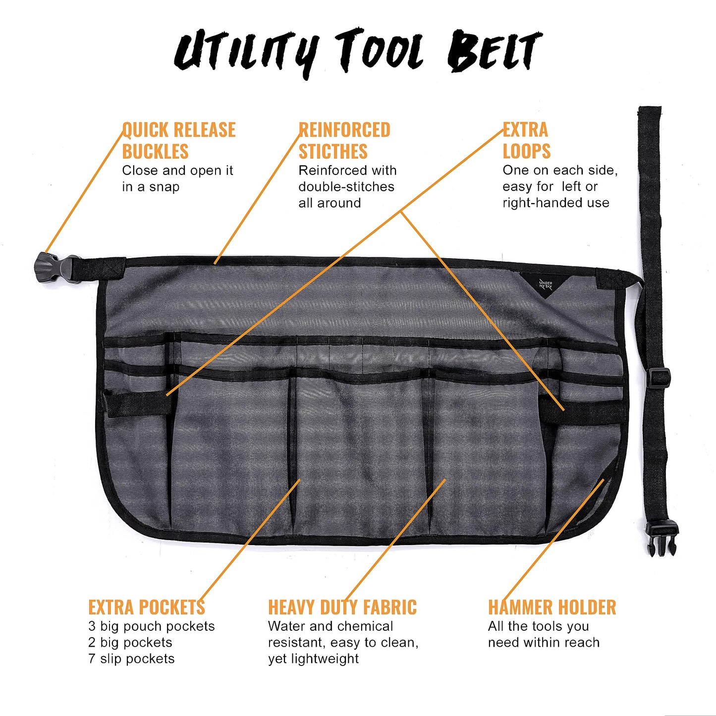 Under NY Sky Tool Pouch - 12 Pockets, 2 Loops, 1 Hammer Loop - Heavy Duty Oxford Canvas - Tool Belt Apron Adjustable for Men, Women - Mechanic, Shop, Electrician, Gardener, Makers (Tool Belt Gray)