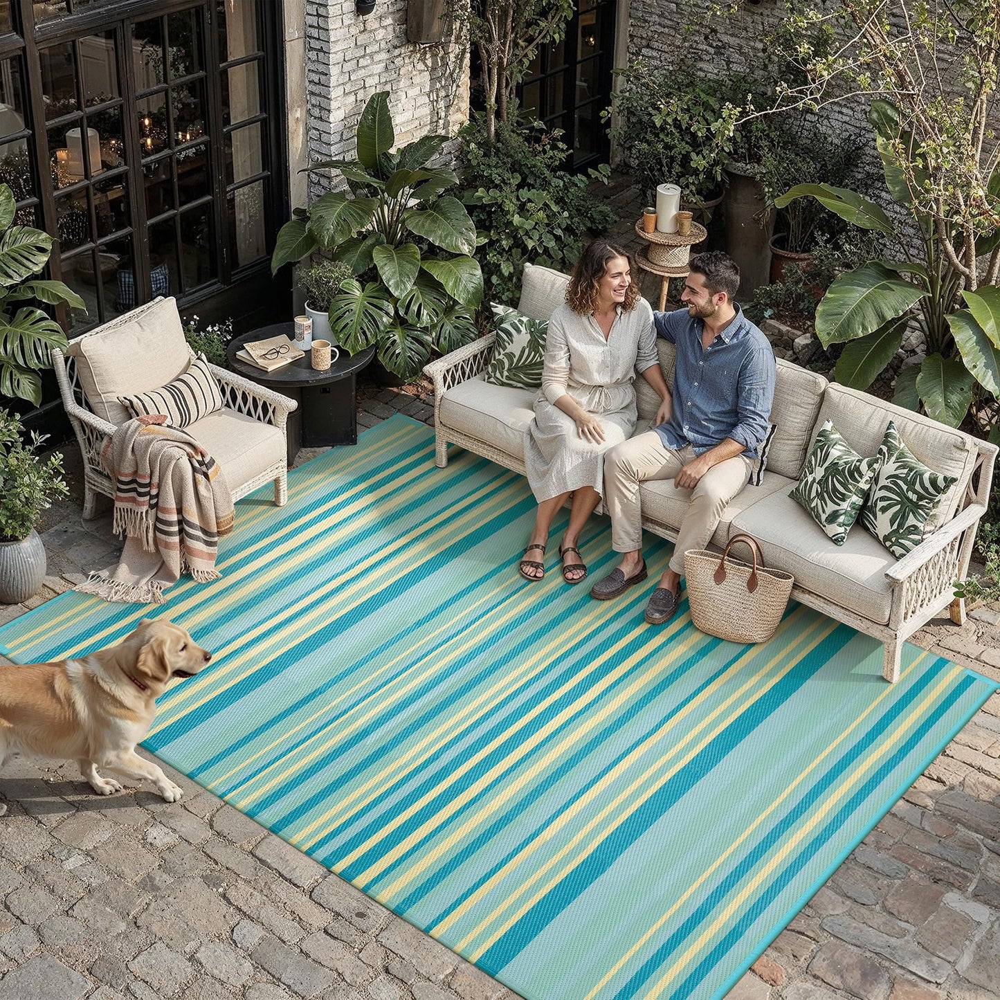 WondRg Outdoor Plastic Straw Rug Waterproof Patio 8x10 Teal Yellow Stripe Mat for Porch Camping RV Balcony Deck Courtyard Reversible Lightweight Durable Portable Carpet