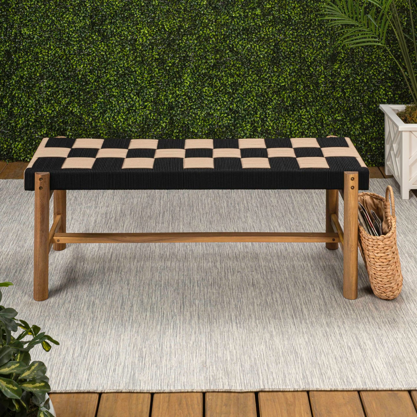 JONATHAN Y BNH202A Denis 48" 2-Seat Backless 700-Lbs Support Acacia Wood Outdoor Bench with Checkerboard Woven Rope Seat for Patio, Garden, Lawn, Backyard, Pool, Deck, Beach, Black/Beige
