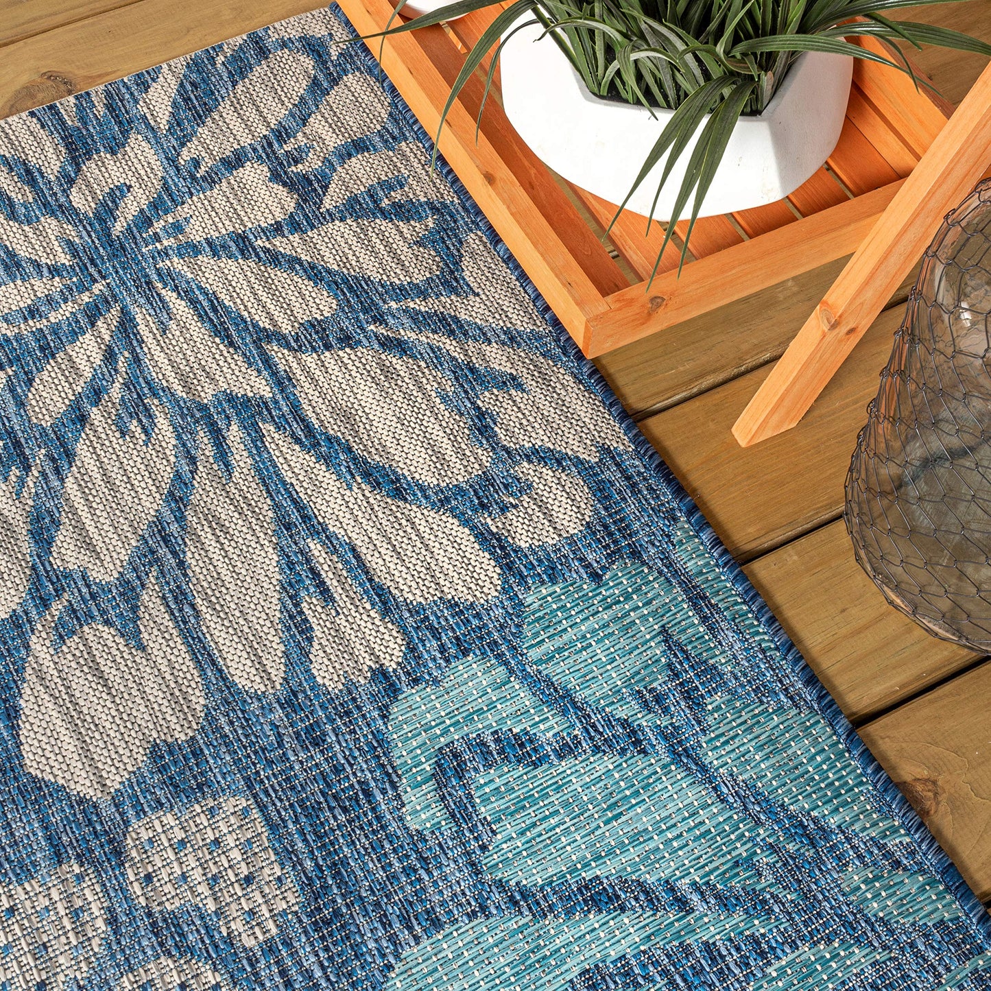 JONATHAN Y Floral Textured Weave Indoor Outdoor Area Rug 4X6 Navy/Aqua, Zinnia Modern for Backyard, Patio, Porch, Easy-Cleaning, High Traffic, Pet-Friendly, Non-Shedding (SMB110C-4)