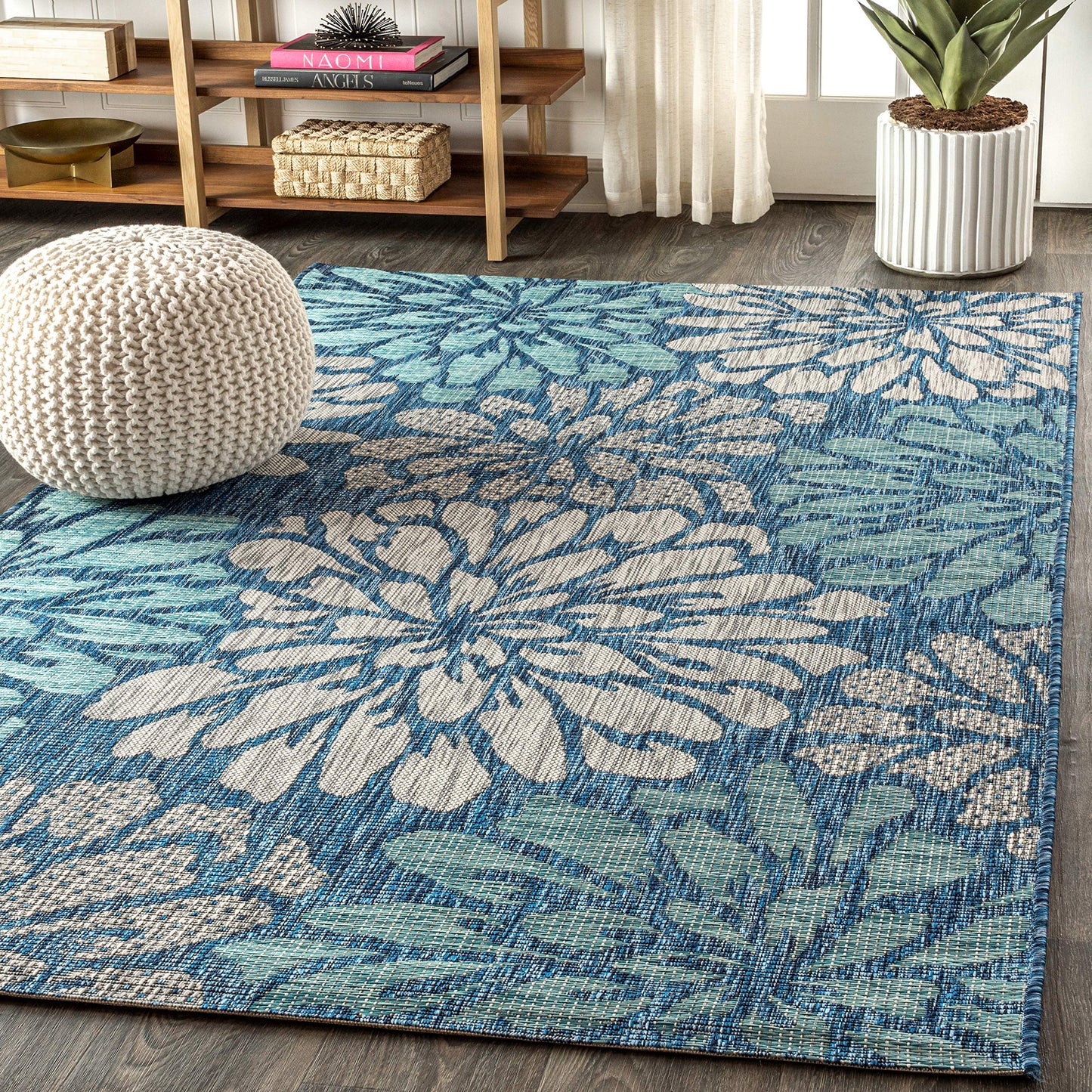 JONATHAN Y Floral Textured Weave Indoor Outdoor Area Rug 4X6 Navy/Aqua, Zinnia Modern for Backyard, Patio, Porch, Easy-Cleaning, High Traffic, Pet-Friendly, Non-Shedding (SMB110C-4)
